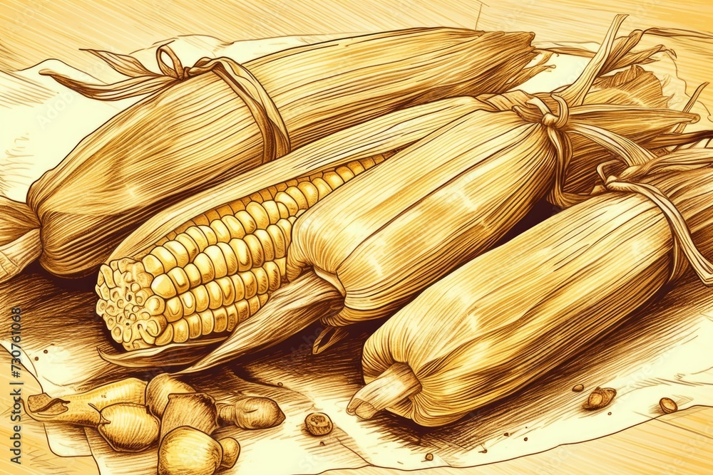 Poster a drawing of corn and potatoes on a table. suitable for use in cooking and recipe-related content