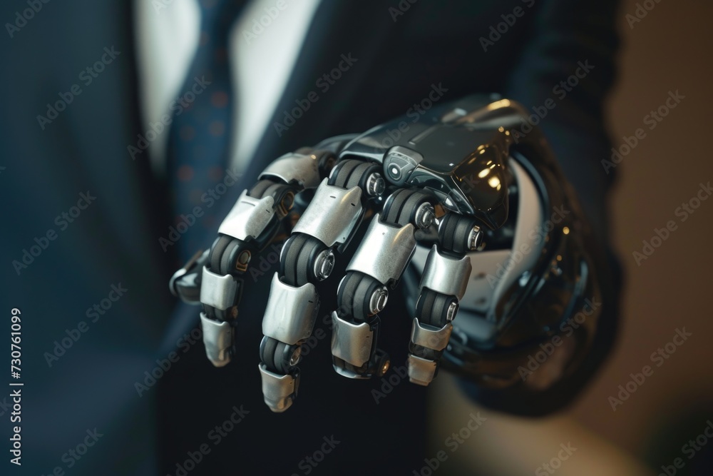 Poster a man wearing a suit and tie holding a robotic hand. can be used to depict advancements in technolog
