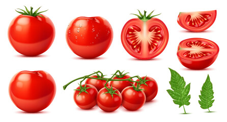 Raw realistic ripe red tomato, whole and slice, isolated cherry tomato vegetable, vector organic farm food. 3d bunch of fresh fruit with green leaves, veggie juice, sauce, salad or ketchup ingredients - obrazy, fototapety, plakaty