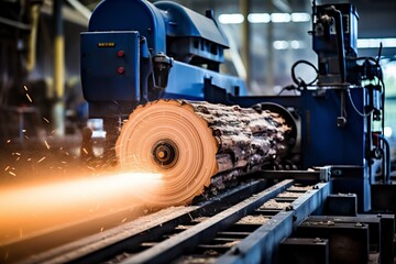 Close-up shot of sawing a log with blurred background - timber cutting industry concept