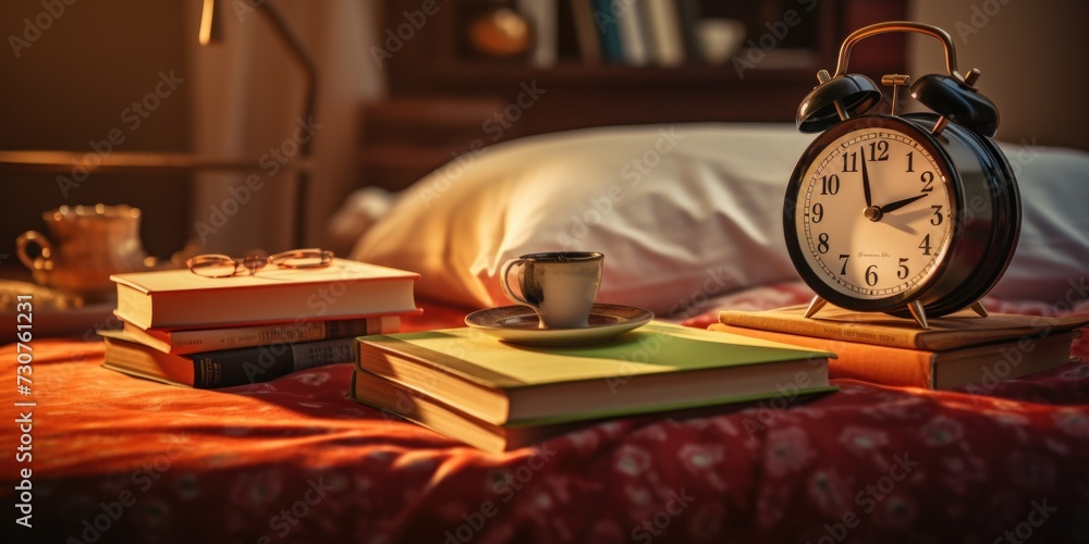 Poster an alarm clock sitting on top of a pile of books. perfect for illustrating time management or the im