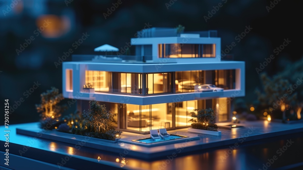 Poster a model of a modern house placed on a table. ideal for showcasing architectural designs or home deco