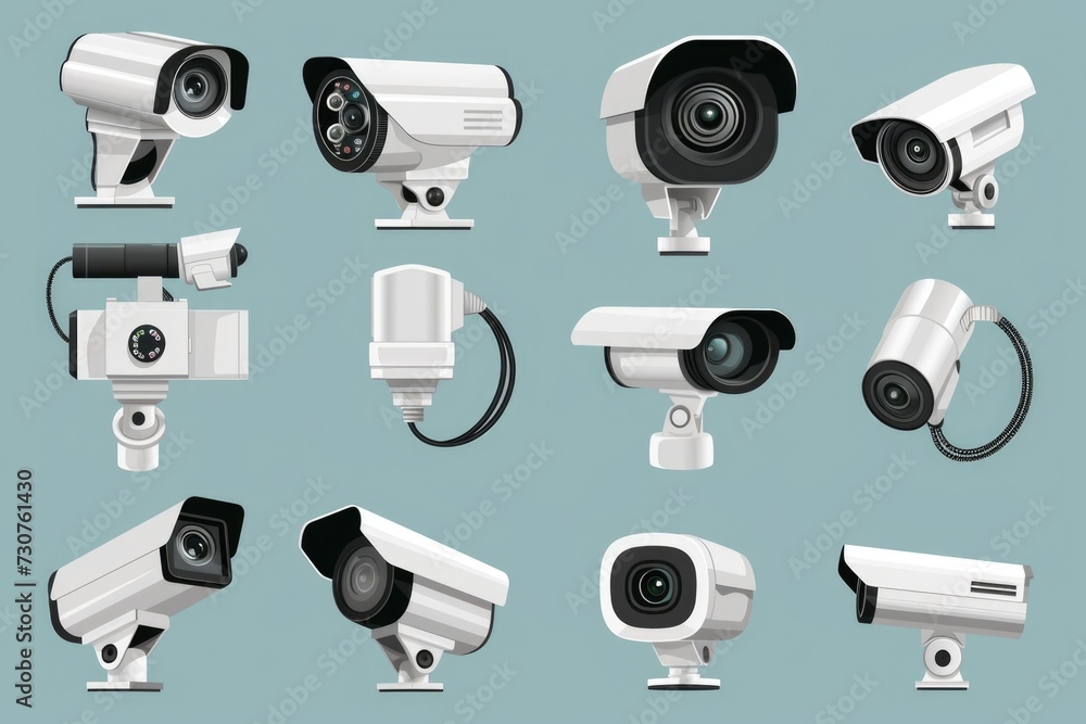 Poster a collection of various types of surveillance cameras. ideal for illustrating security, monitoring, 