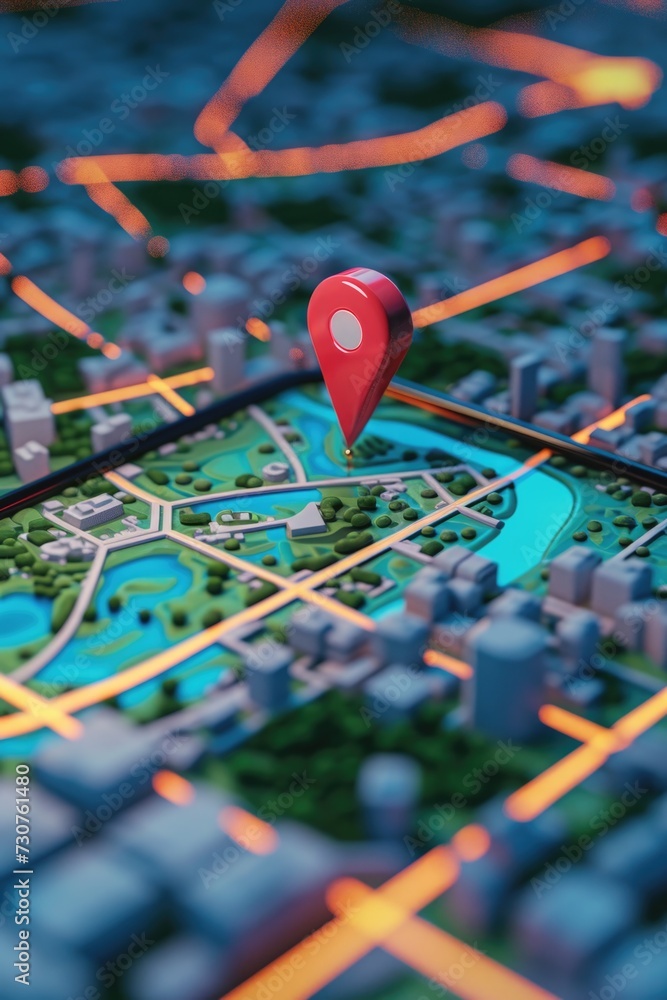 Poster A map with a red pin, indicating a specific location. Perfect for travel, navigation, and finding directions