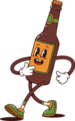 Cartoon beer bottle groovy character. Isolated vector funky psychedelic flask personage with vintage colors, groove eyes, and a wide grin, happily walking, radiating retro vibes and chilled-out charm © Buch&Bee