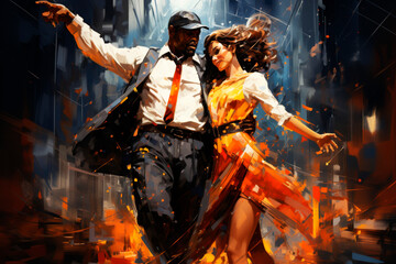 Fototapeta na wymiar A passionate couple of urban dancers dancing on the street