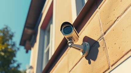 A security camera mounted on the side of a building. Ideal for illustrating surveillance, security systems, or urban safety