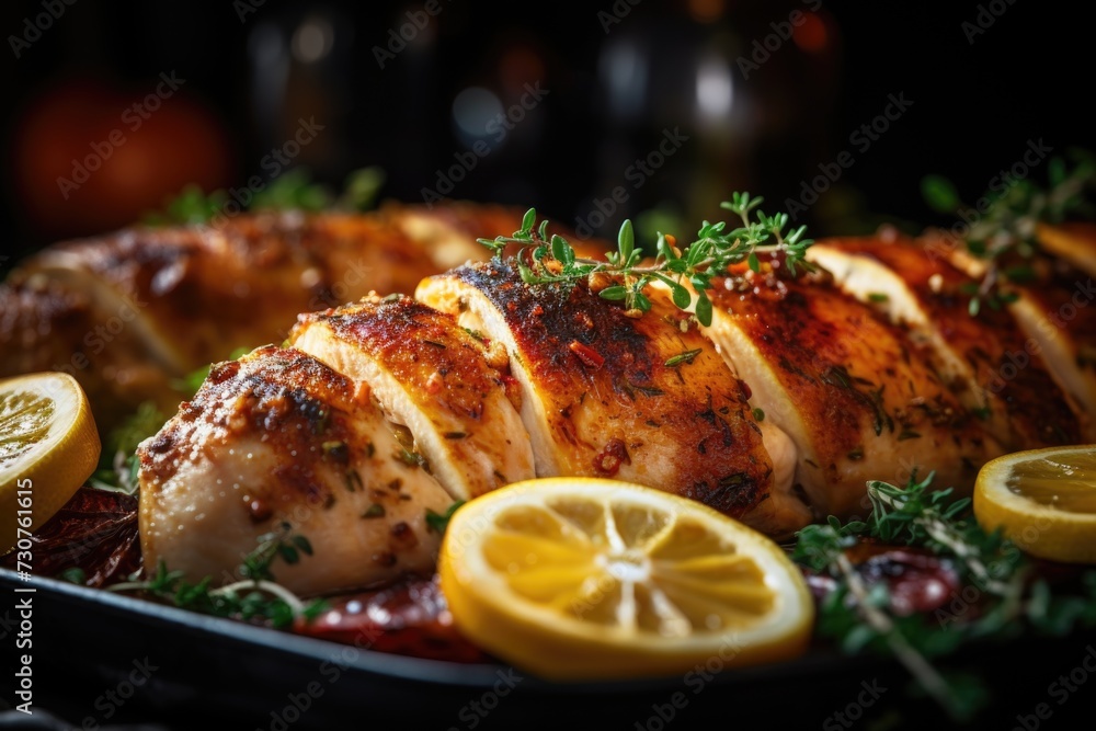 Poster a pan filled with chicken and lemon slices. this versatile image can be used for various cooking and
