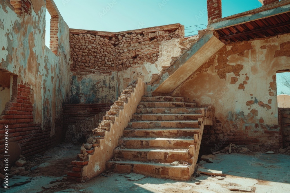 Poster An image of a very old building with a bunch of stairs. Can be used to depict history, architecture, or urban exploration
