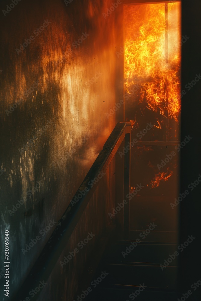 Poster a dramatic image capturing a fire engulfing a building. perfect for illustrating emergency situation