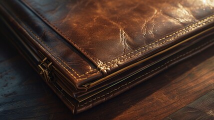 Fototapeta na wymiar A brown leather wallet placed on a wooden table. Perfect for finance, money, or personal finance concepts