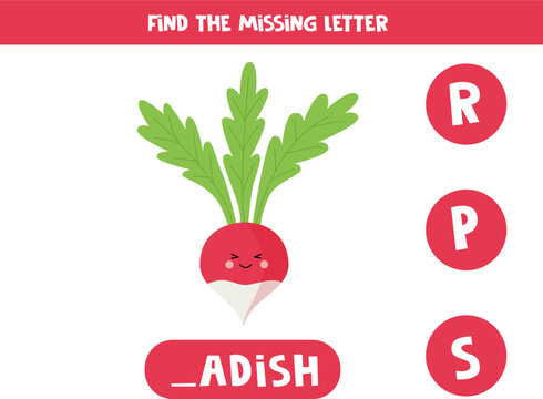 Find missing letter with cartoon kawaii radish. Spelling worksheet.