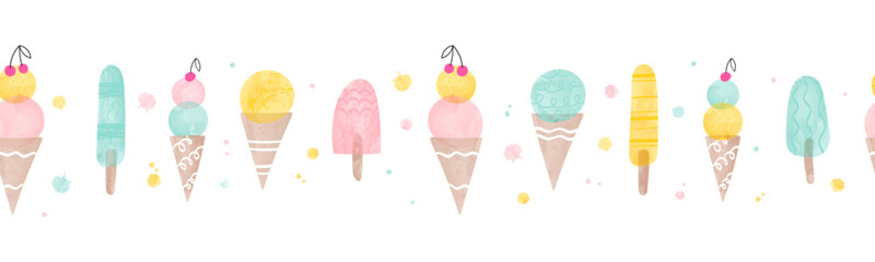 Seamless icecream pattern drawn with water colors - seamless background texture, great for summer themed fabrics, wallpapers, menus or banners.