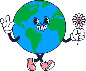 Cartoon Earth Character Making Rock Gesture and Holding a Smile Daisy