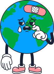 Cartoon Earth Character with Injury Crying and Aid band on Head