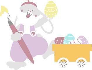happy easter with bunny rabbit, paintbrush and cart of egg, flat png transparent cartoon character design