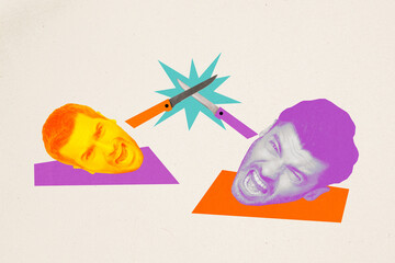 Collage two man heads body fragments fight each other crazy concept angry aggressive furious...