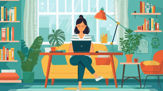 jeune femme en train de travailler depuis chez elle, en t&eacute;l&eacute;travail - vue de face - illustration style vecteur