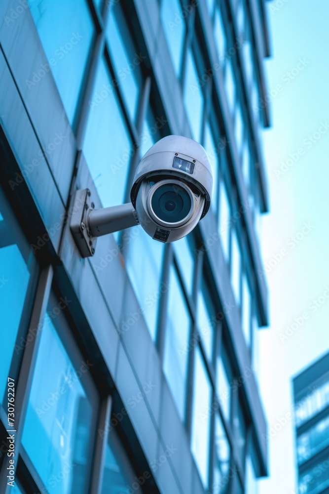 Poster a security camera mounted on the side of a building. this image can be used to depict surveillance, 