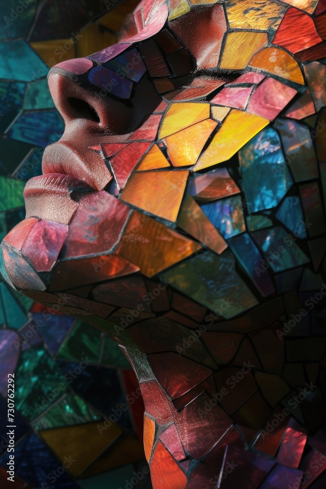 Poster A close-up photograph of a person's face with a mosaic design. This unique image can be used in various creative projects