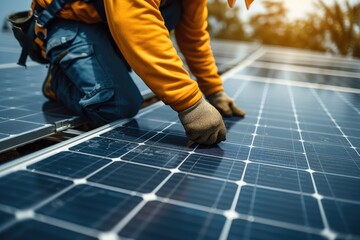 Technician installing solar panels on roof. Close up hand of engineer installing solar panels, alternative renewable green energy generation concept. Generative AI.