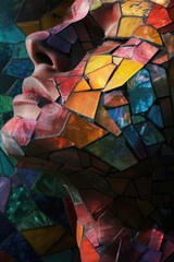 A close-up photograph of a person's face with a mosaic design. This unique image can be used in various creative projects