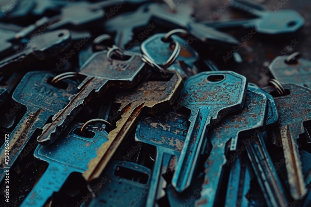 Poster A pile of keys neatly arranged on top of each other. Versatile and useful for various concepts