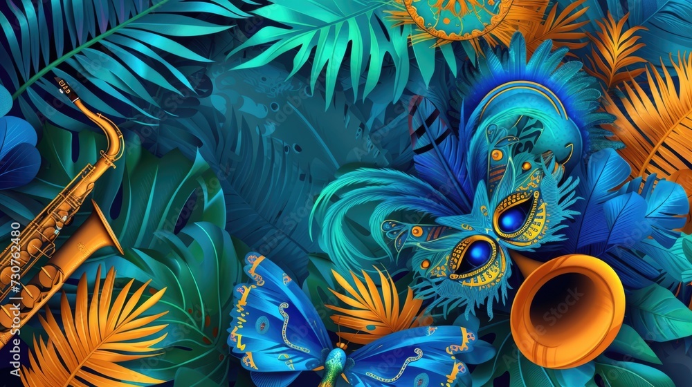 Poster colorful background featuring blue and yellow hues with vibrant butterflies and a saxophone. ideal f