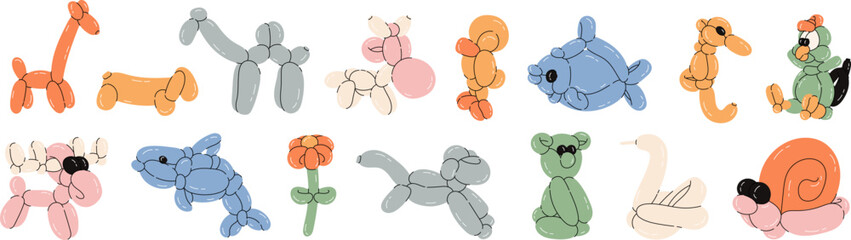 Various balloon animals collection. Festive set of inflatable dog, giraffe, fish, swan, flower, bear, monkey, rooster shapes. Birthday celebration party. Fancy abstract characters isolated vector