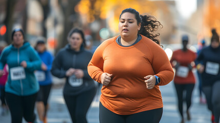 A plus-sized runner crossing the finish line with arms raised in triumph during a marathon. fat woman running