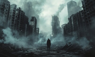 Conceptual image of a man standing in the middle of a destroyed city - obrazy, fototapety, plakaty