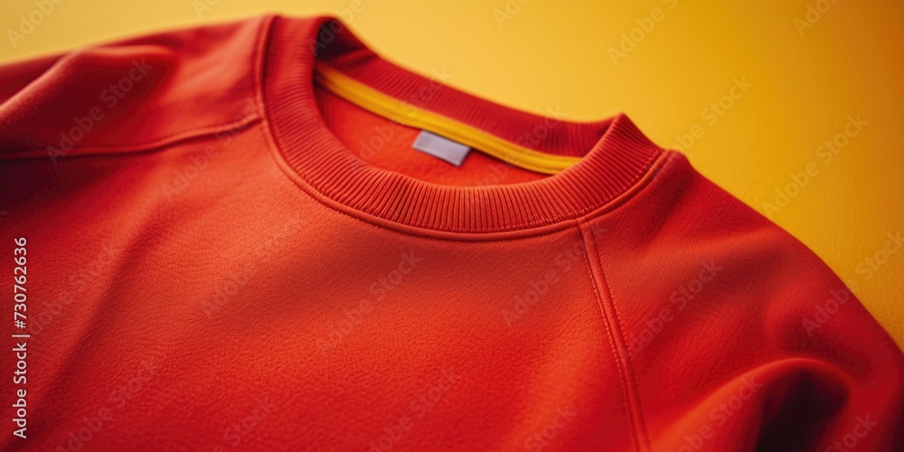 Poster a close-up view of a red sweatshirt with a distinctive yellow stripe. perfect for fashion or casual 