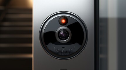A close-up view of a camera mounted on a door. This image can be used to illustrate home security systems or surveillance