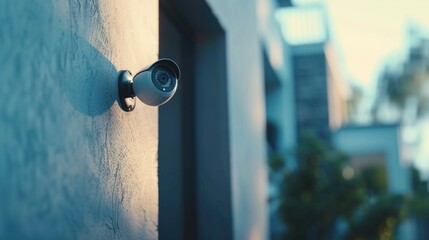 A security camera mounted on the side of a building. Can be used to monitor and protect the premises