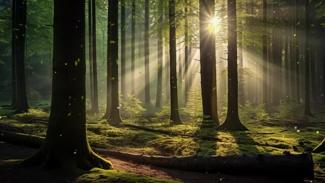 silent forest in spring with beautiful bright sunlight. morning in the forest. seamless looping overlay 4k virtual video animation background 