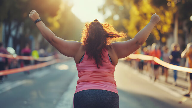 A plus-sized runner crossing the finish line with arms raised in triumph during a marathon. fat woman running