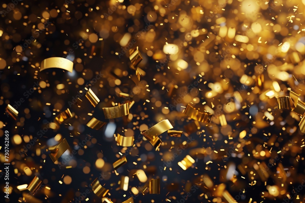 Poster A vibrant image capturing the moment when a multitude of gold confetti is falling from the sky. Perfect for adding a touch of celebration and joy to any project or event