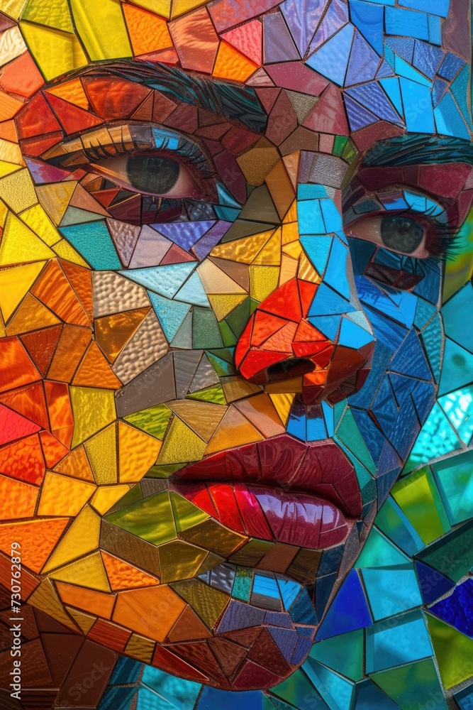 Poster A woman's face created with a vibrant multicolored mosaic. This unique image can be used for various creative projects