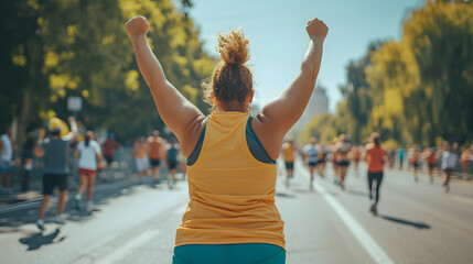 Fototapeta na wymiar A plus-sized runner crossing the finish line with arms raised in triumph during a marathon. fat woman running