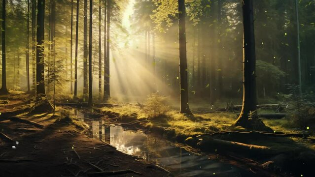  panoramic view of a forest with sunlight shining. morning in the forest. seamless looping overlay 4k virtual video animation background 