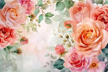 A beautiful painting of pink roses with vibrant green leaves. This elegant artwork can add a touch of natural beauty to any space