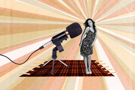 Exclusive photo art collage of popular pop star singer at concert magnificent woman with microphone isolated on beige color background