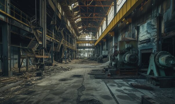 Abandoned industrial interior of a factory building, industrial background