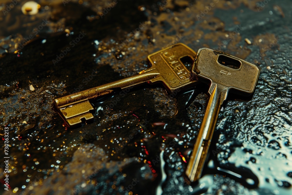 Poster A picture of a couple of keys sitting on top of a table. Can be used to represent security, access, or the concept of keys to success