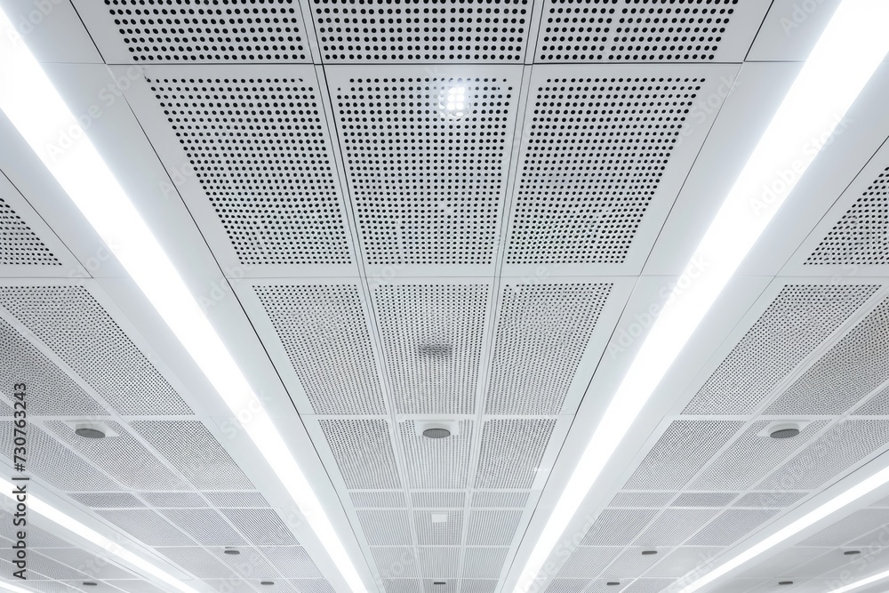 Poster an image showing the ceiling of an airport with a multitude of lights. this picture can be used to d