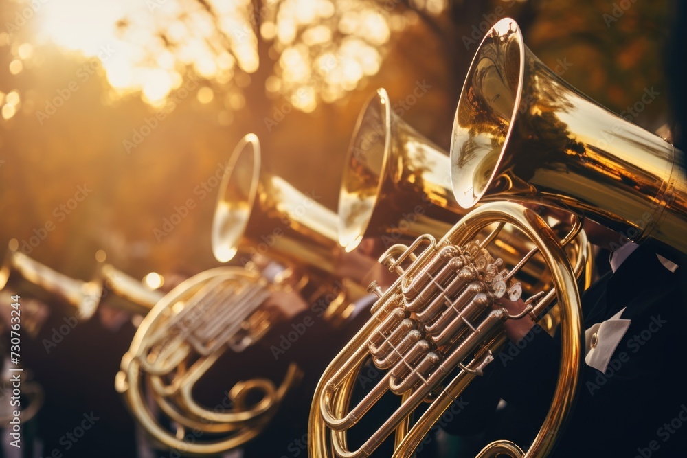 Aufkleber a group of brass instruments sitting next to each other. perfect for music-related projects