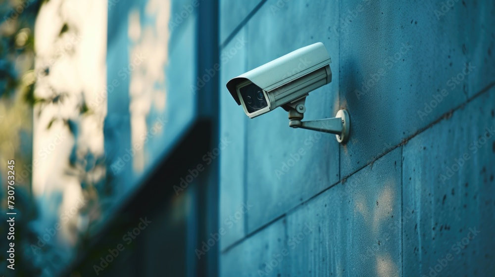 Poster A security camera mounted on the side of a building. Suitable for surveillance and security concepts