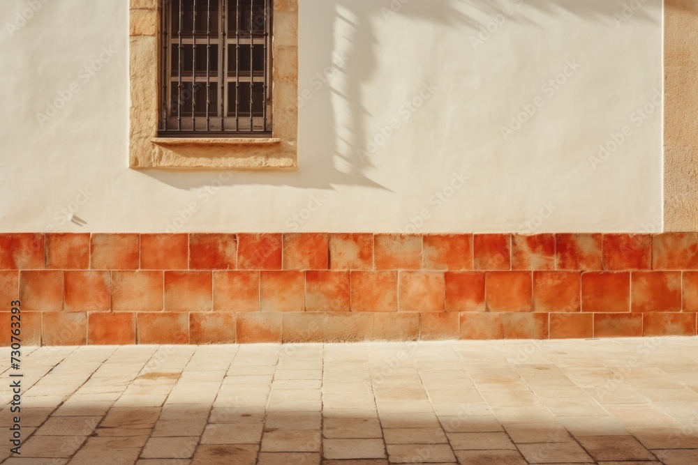 Poster a picture of a red and white wall with a window and a brick floor. suitable for architectural or int