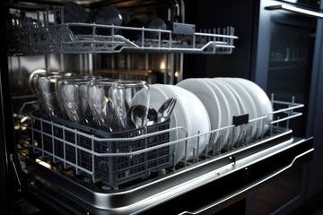 A dishwasher filled with lots of white dishes. Perfect for kitchen and household themes
