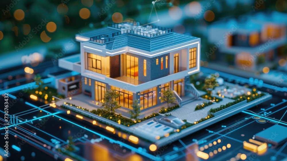 Poster a model of a house placed on top of a blueprint. ideal for showcasing architectural designs and cons